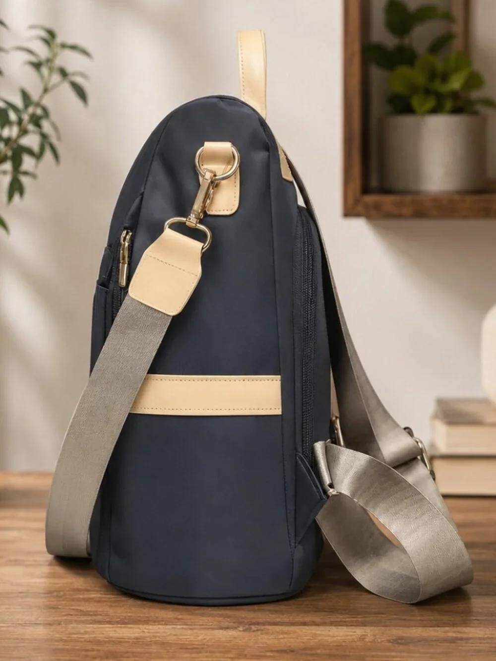 Convertible Nylon Backpack Purse Anti Theft Charcoal Gray Beige Pom Pom Travel